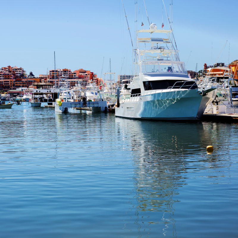 A yacht in the marina of Los Cabos