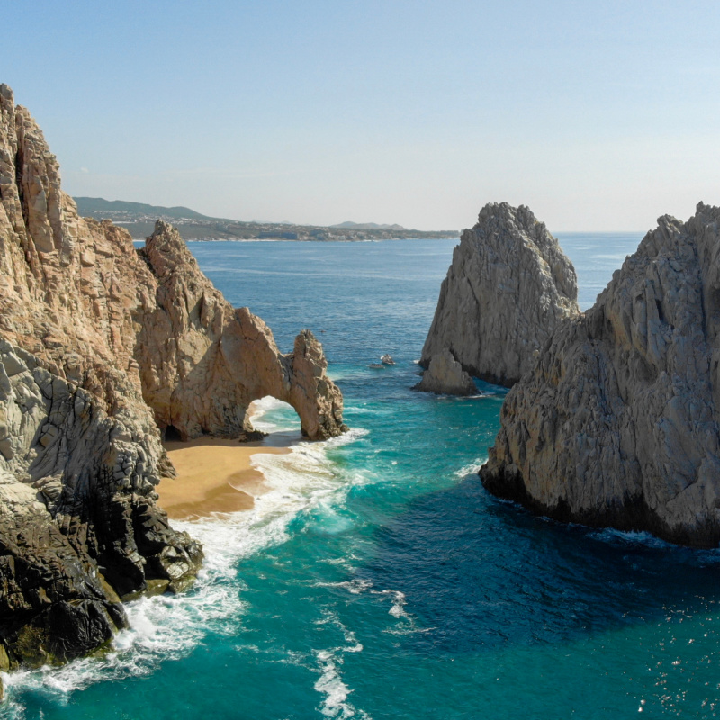 Aerial view of the arch in Los Cabos on a sunny day