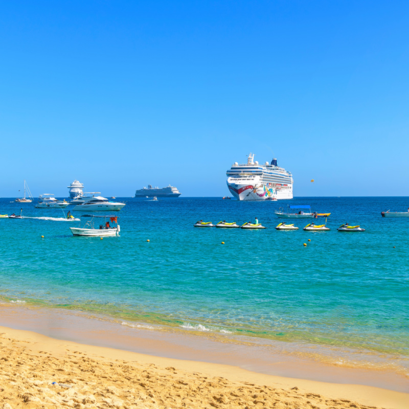 Boats, jet skis, wave runners, and cruise ships in the Sea of Cortez along the Mexican Riviera at Cabo San L