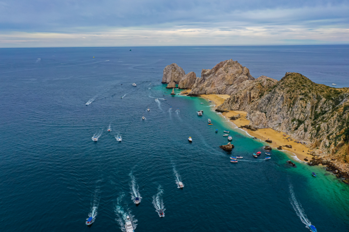 A 4k Aerial view of Cabo San Lucas located at the southern tip of the Baja Mexico.