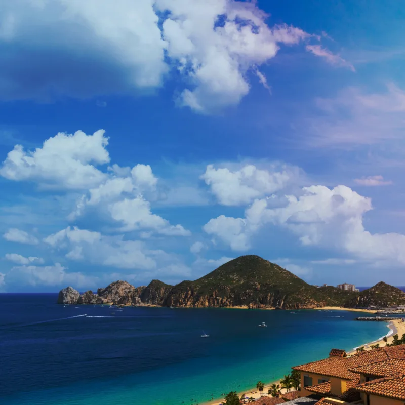 Cabo San Lucas, Mexico, Scenic panoramic aerial view of Los Cabos landmark tourist destination Arch of Cabo San Lucas, El Arco, whale watching and snorkeling spot.
