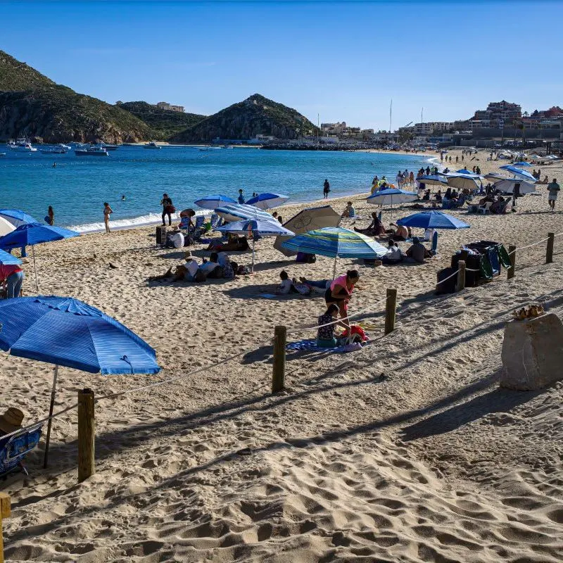 View of popular Medano Beach with beach umbrellas and surfboards, in the heart of downtown Cabo San Lucas.