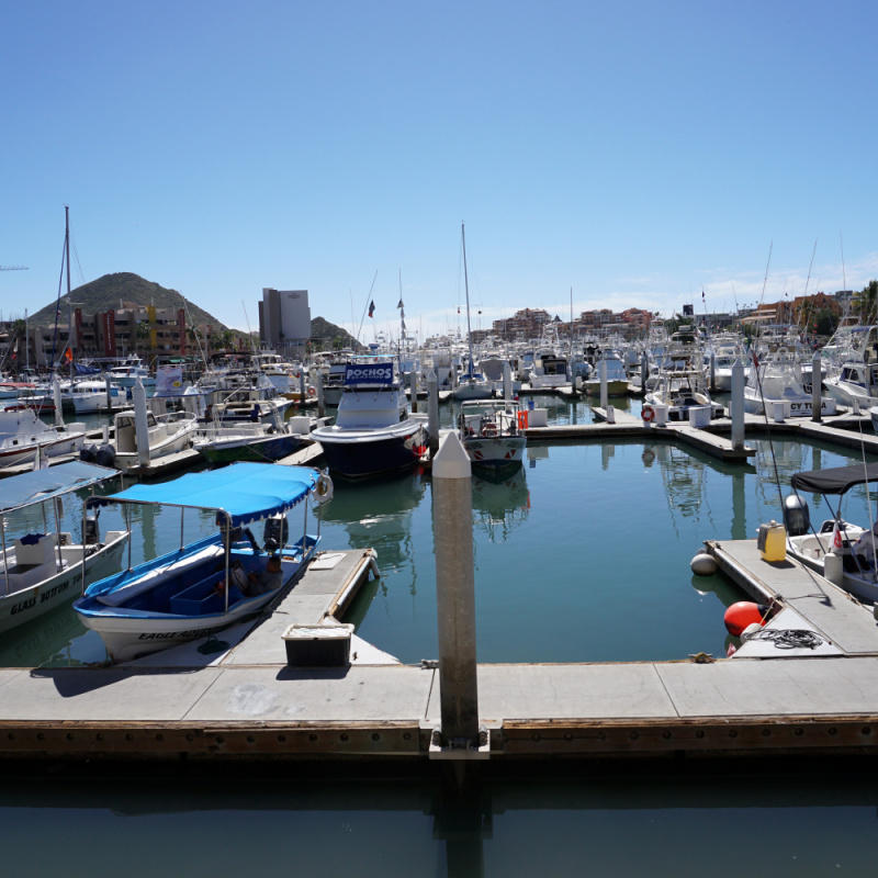 Marina of Cabo San Lucas on a sunny day with boats
