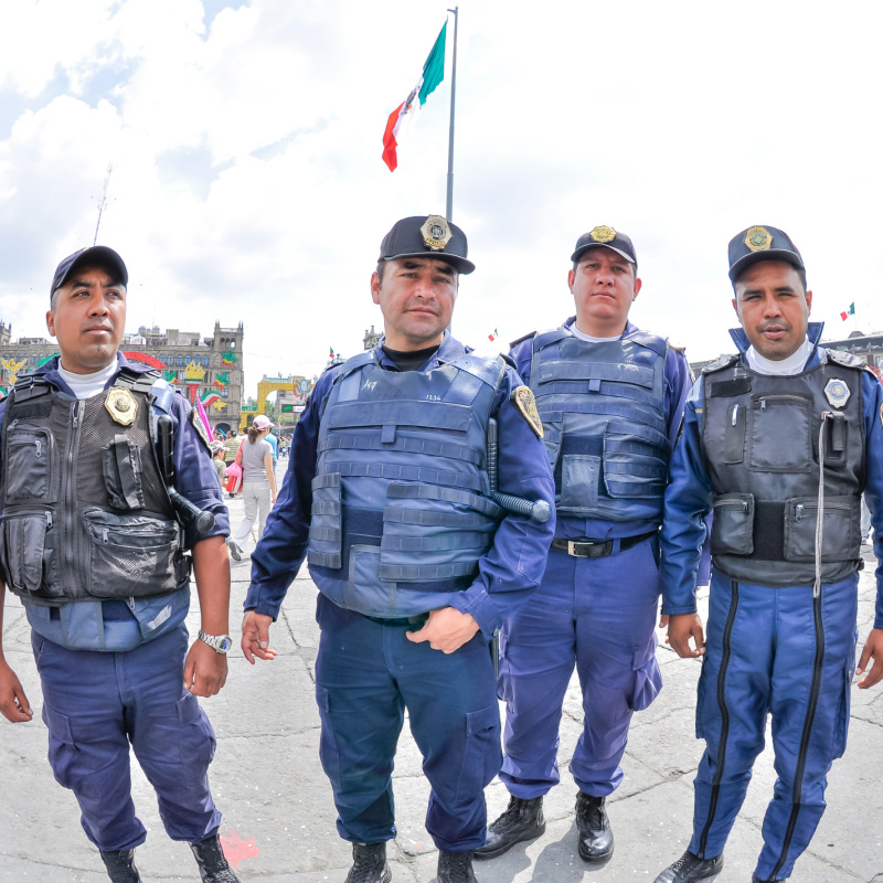 Portrait of Mexican policemen in the zocalo in Mexico City on independence day