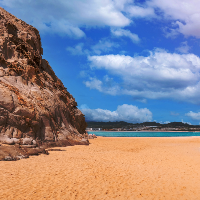 Scenic travel destination beach Playa Amantes, Lovers Beach known as Playa Del Amor located near famous Arch of Cabo San Lucas in Baja California.