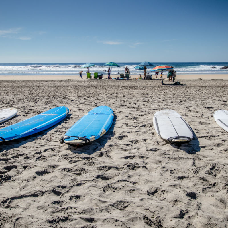 Surf boards at Los Cerritos Beach in Baja California, Mexico