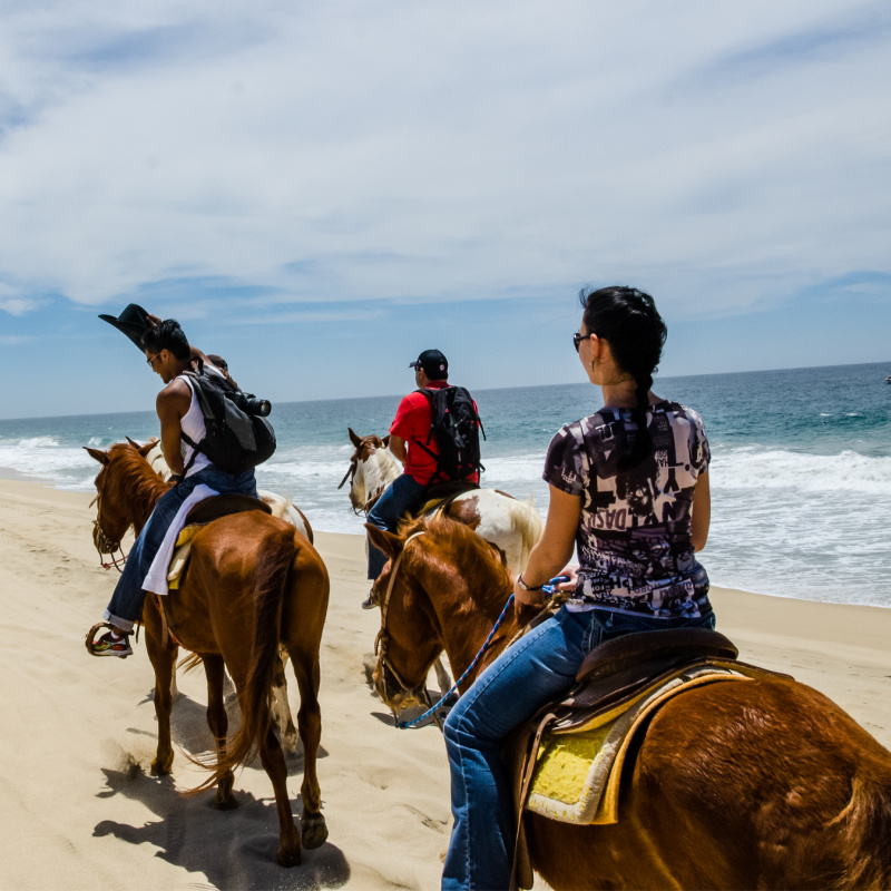 Tourists horseback riding on the beach in Cabo San Lucas, Baja California
