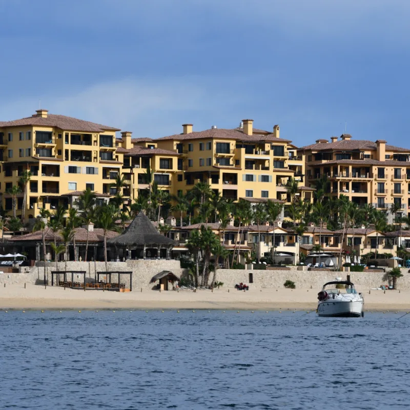 View of the town of Cabo San Lucas in Mexico, with buildings on the shore