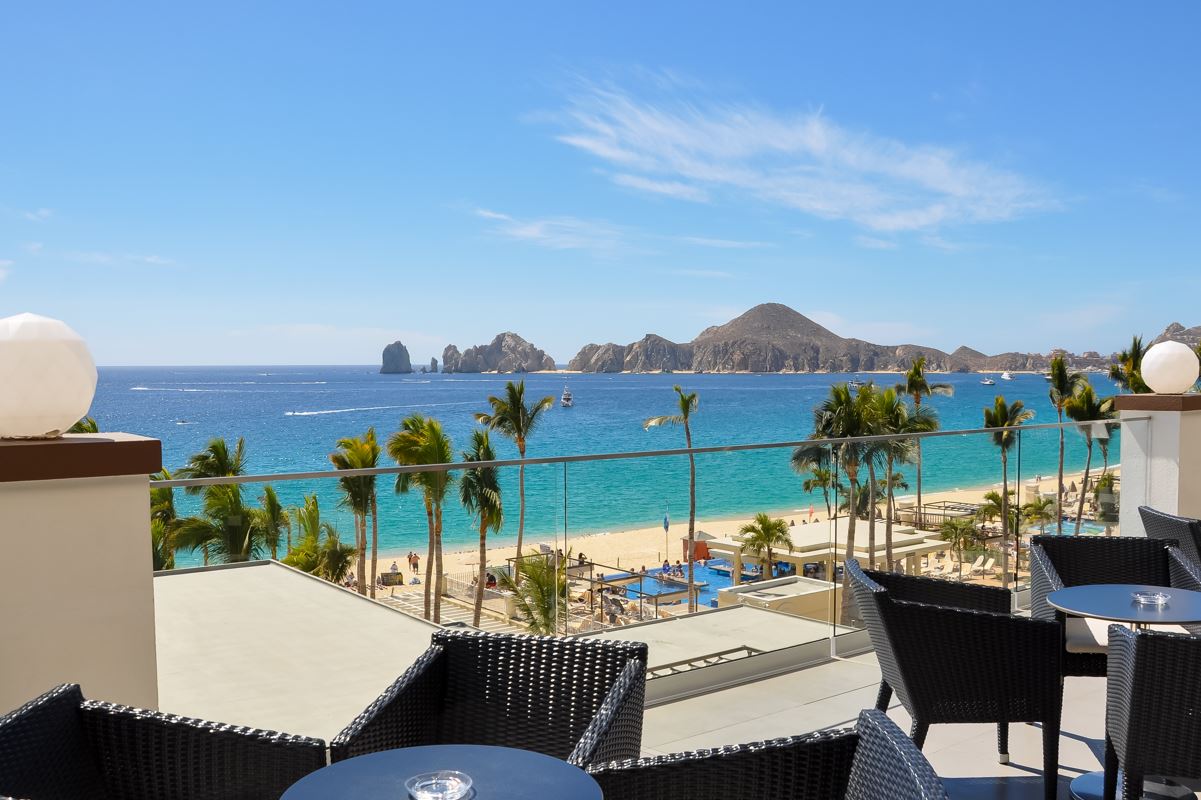 A view of the bay in Los Cabos from a resort balcony
