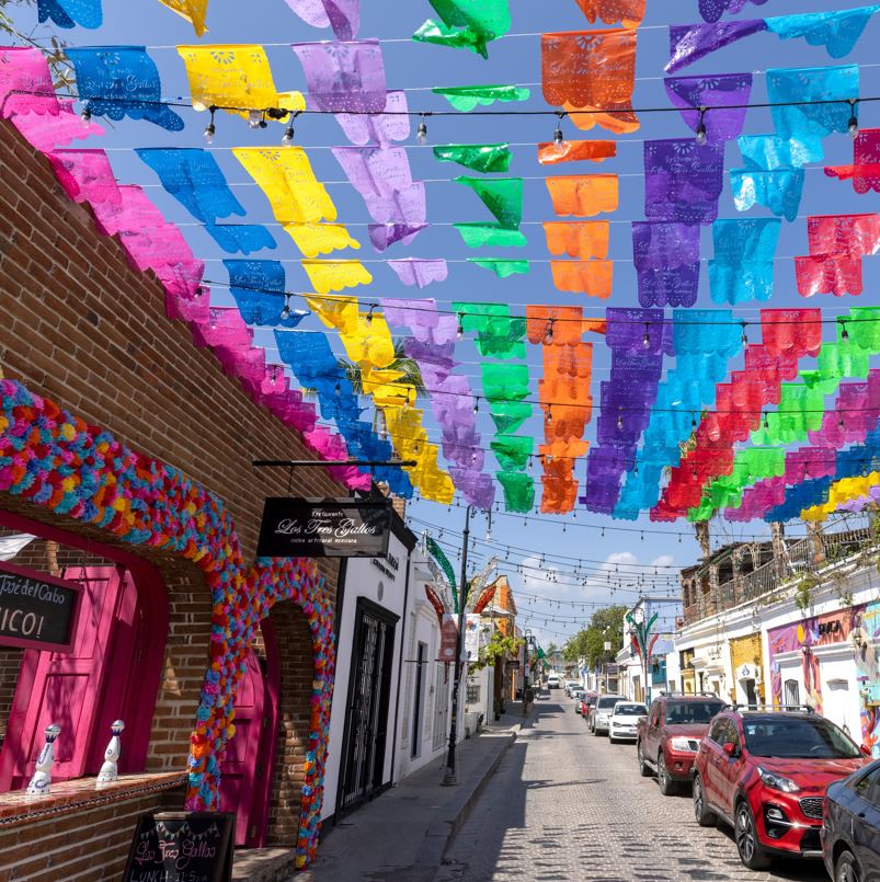 colorful flags in los cabos street