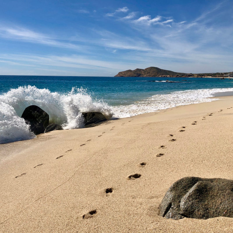 El Tule Beach on a sunny day. Footprints on the sand