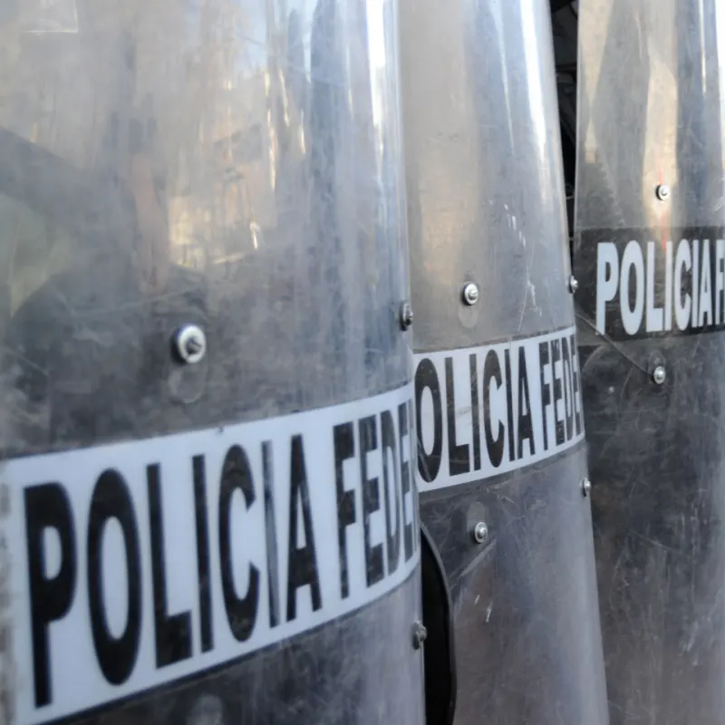 Shields of Mexican federal police forces maintaining order in the violent border city of Ciudad Juarez
