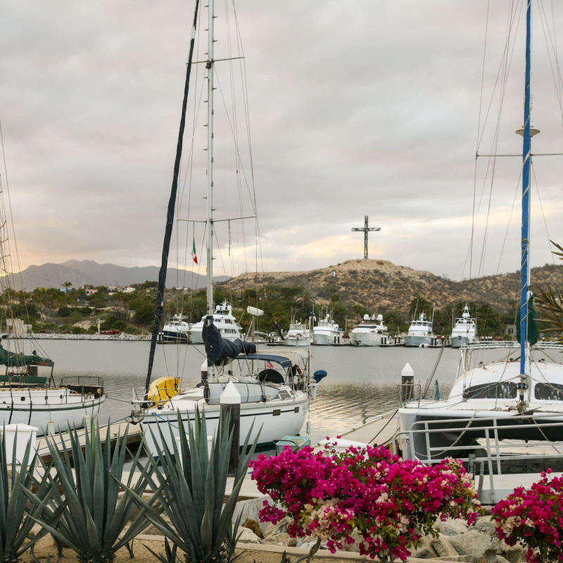 Sunset view on yachts in marina of Puerto Los Cabos in San Jose del Cabo, Mexico