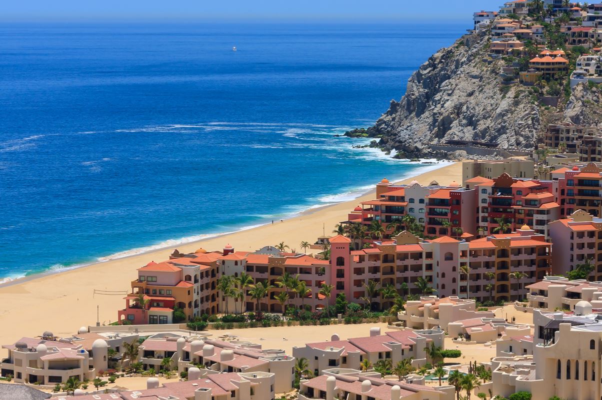 aerial of resorts on beach los cabos