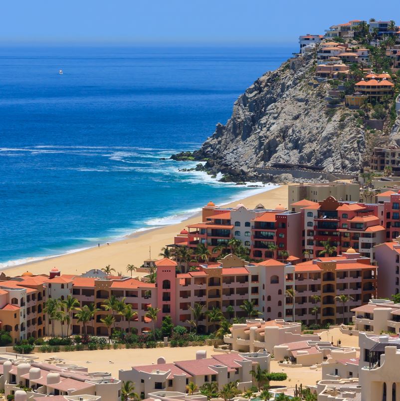 aerial of resorts on beach los cabos
