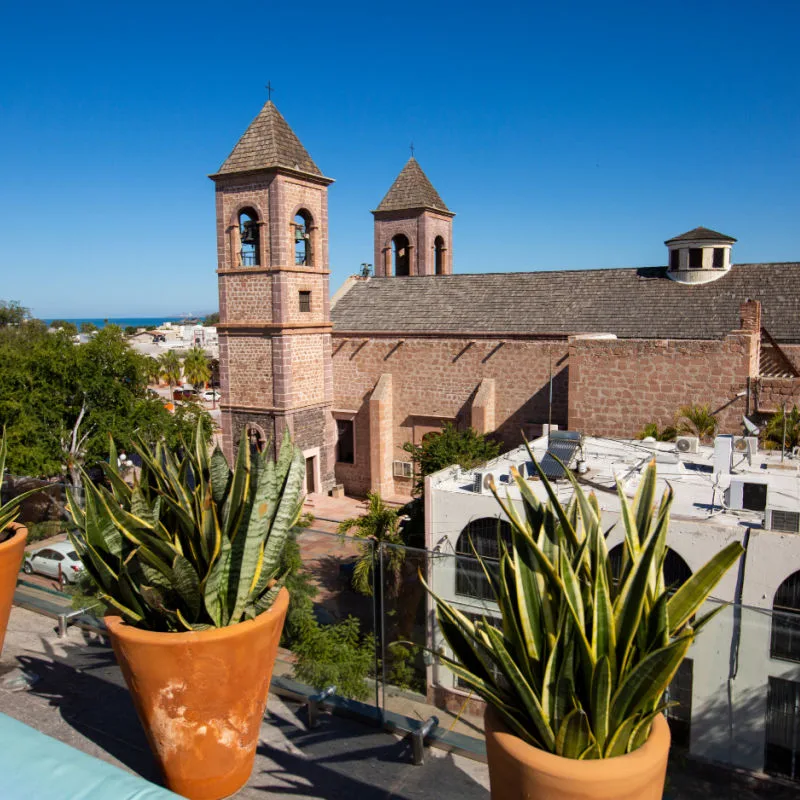 Day time view of the historic cathedral in La Paz, Baja California Sur, Mexico.