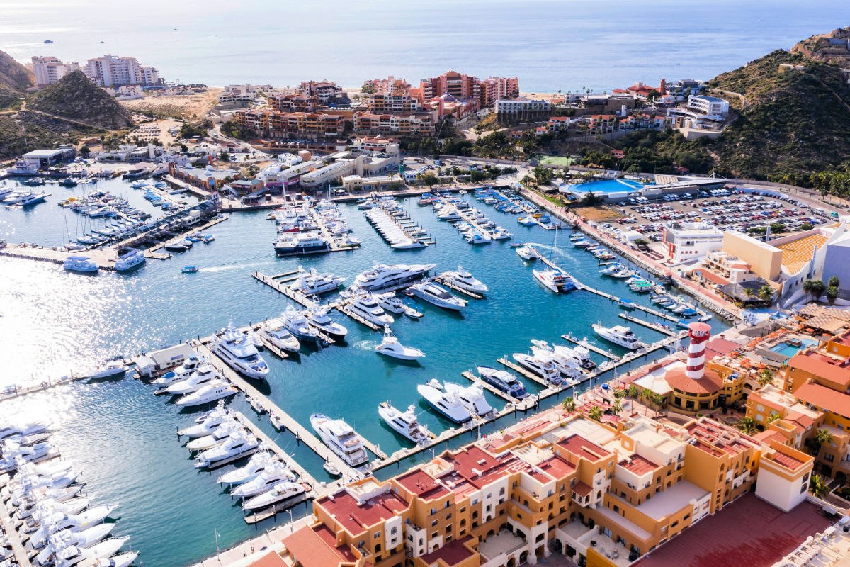 Aerial view of the marina of Cabo San Lucas at sunset