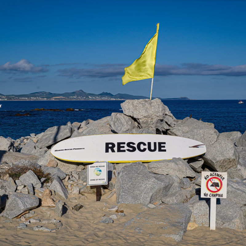 Rescue Board and Yellow Flag in Los Cabos, Mexico