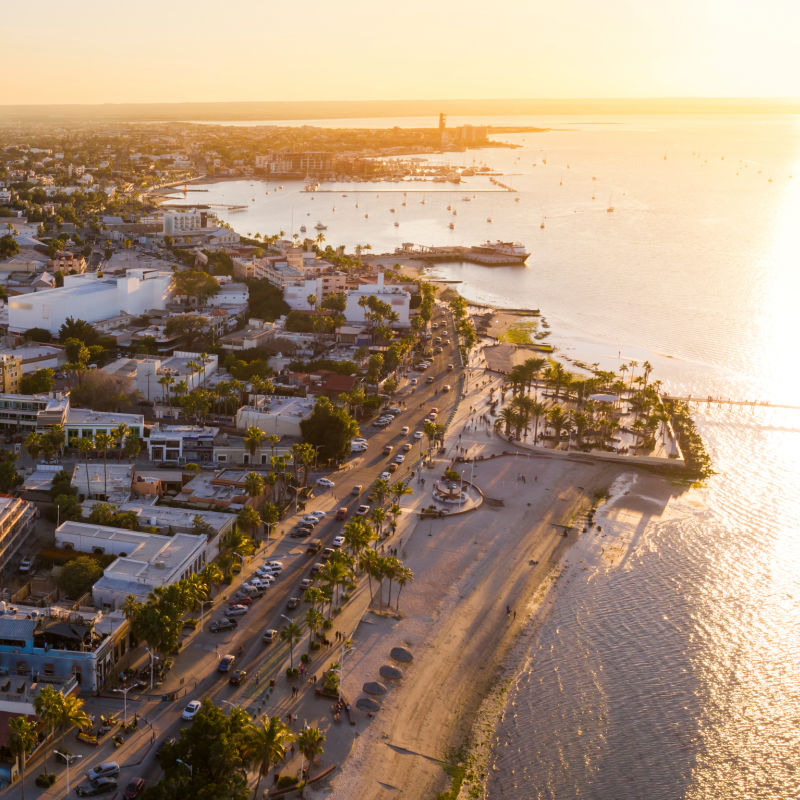 Sunset aerial view of the waterfront area of La Paz, Baja California Sur, Mexico.