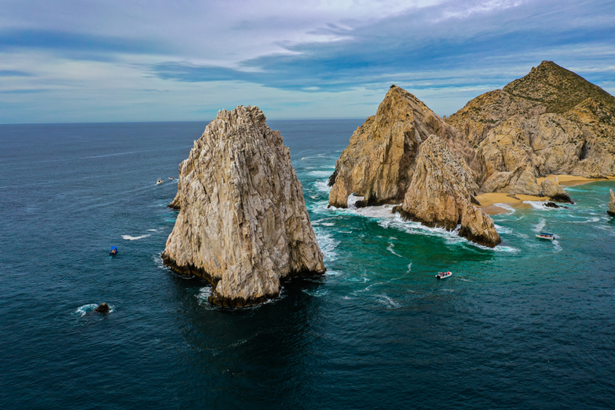 Aerial view of Los Cabos arch on a sunny day