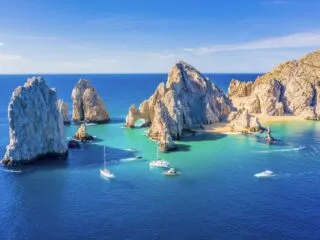Aerial view of the Arch (El Arco) of Cabo San Lucas, Mexico, at the southernmost tip of the Baja California peninsula