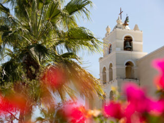 Ground level day time view of the historic mission in Todos Santos, Baja California Sur, Mexico.