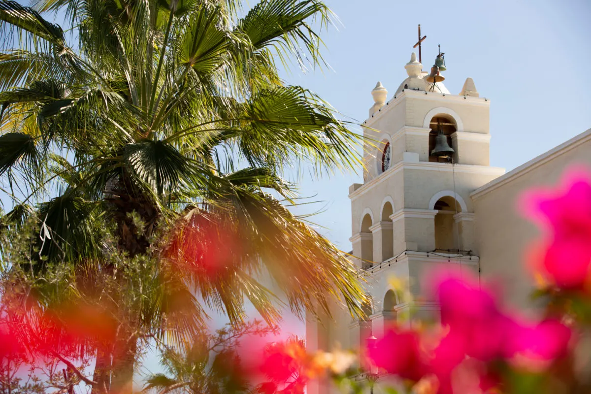 Ground level day time view of the historic mission in Todos Santos, Baja California Sur, Mexico.