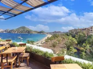 Scenic panoramic aerial view of Los Cabos tourist destination Arch of Cabo San Lucas, El Arco, Playa Amantes and Playa del Divorcio