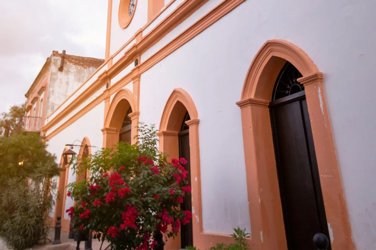Historic Colonial style buildings stand in the old mining town of El Triunfo, Baja California Sur, Mexico.