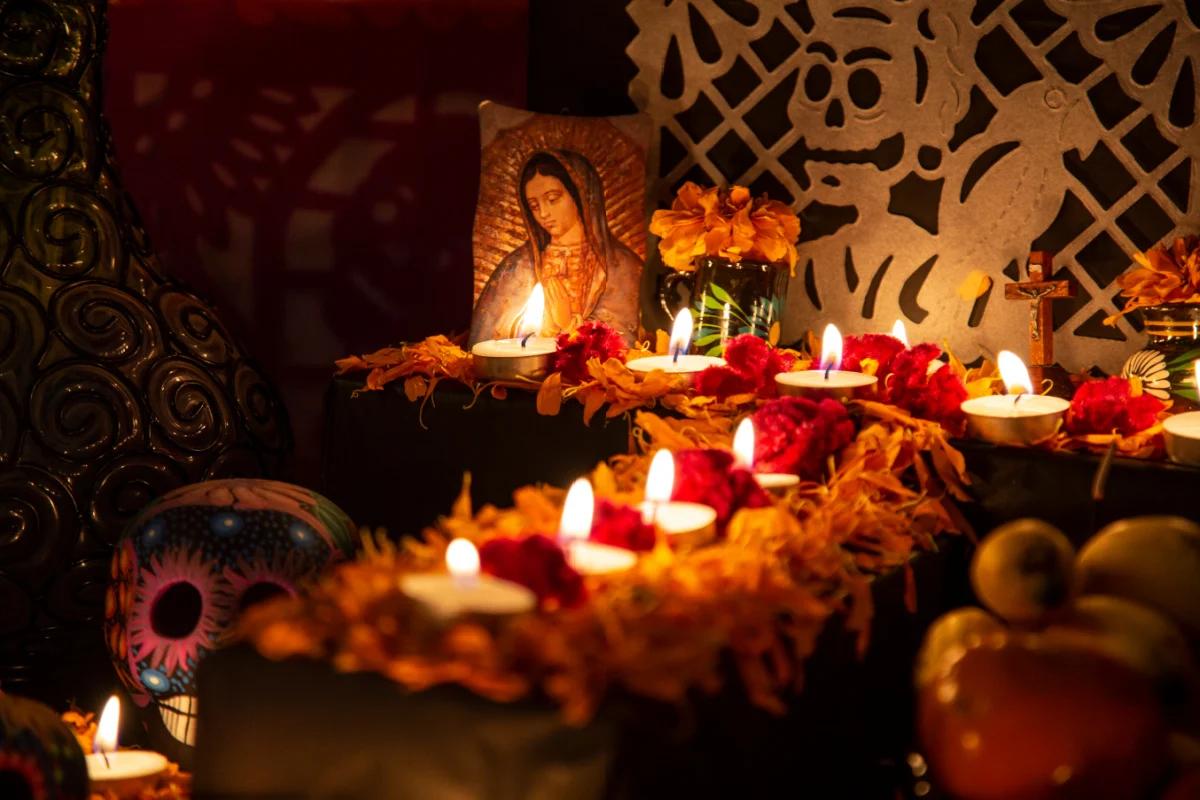 Virgin Mary painting on ofrenda for the Day of the Dead, Mexico
