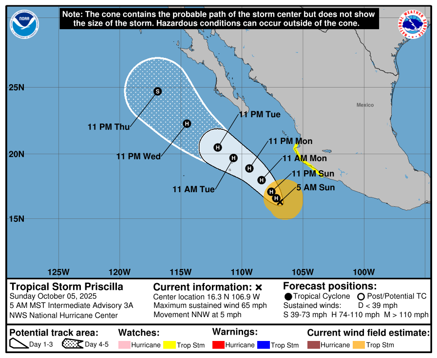 tropical Storm Priscilla is tracking in a west-northwest direction