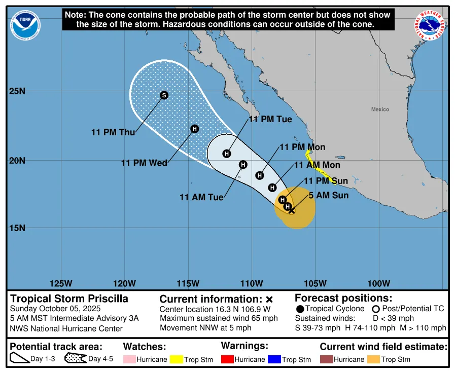 tropical Storm Priscilla is tracking in a west-northwest direction