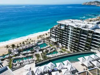 Aerial view of Garza Blanca. Drone shot by Tyler Fox of The Cabo Sun taken Oct 25. Showing rooftop pool, property and beach
