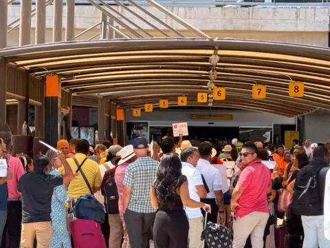 Loading area outside of the Los Cabo Airport with transportation providers waiting at bays