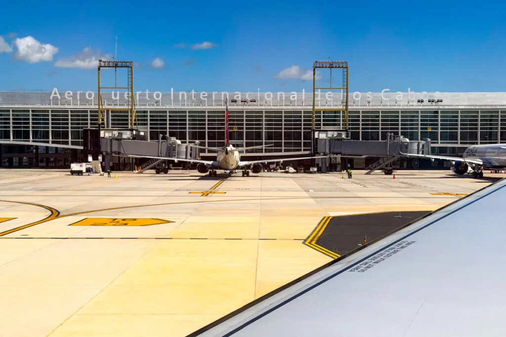Los Cabos International Airport picture taken from plane window about to take off