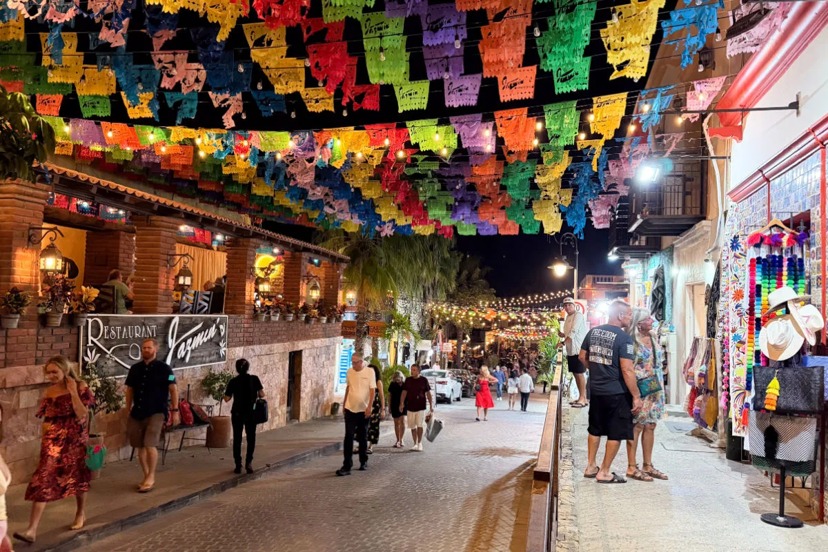 San Jose del Cabo Street with people walking around at night