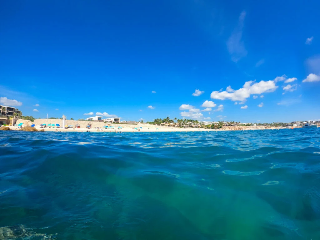 View of Chileno beach taken from the ocean in Los Cabos