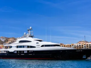 The superyacht, Attessa, owned by American billionaire industrialist Dennis Washington, is seen here at a dock in Cabo Bay