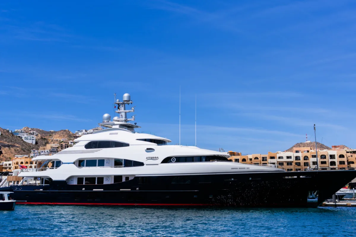 The superyacht, Attessa, owned by American billionaire industrialist Dennis Washington, is seen here at a dock in Cabo Bay