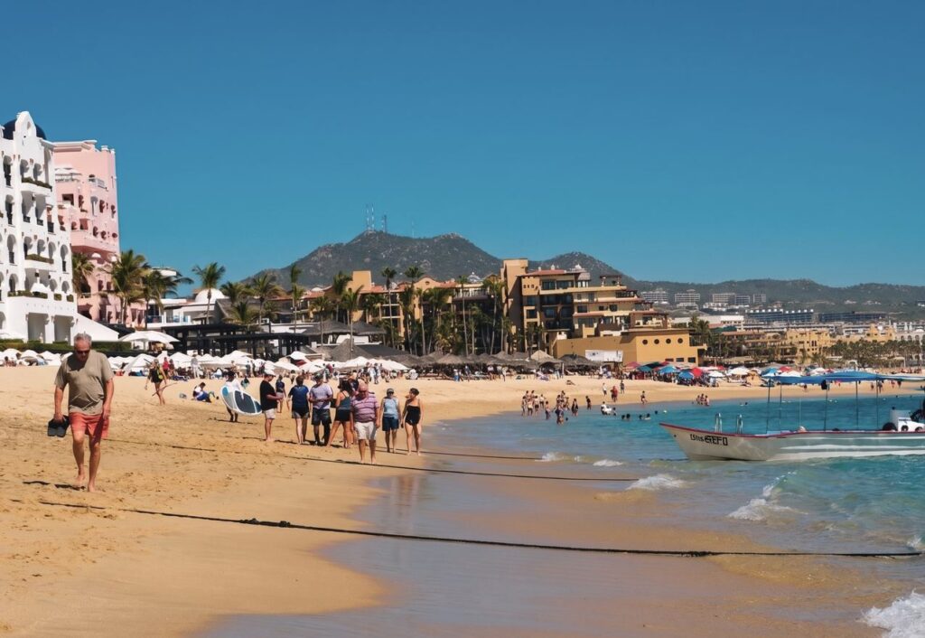 Blue sky beach with Tourists