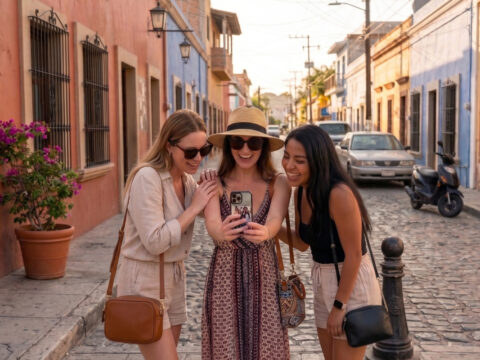 Women in Los Cabos calling an uber on their phone together