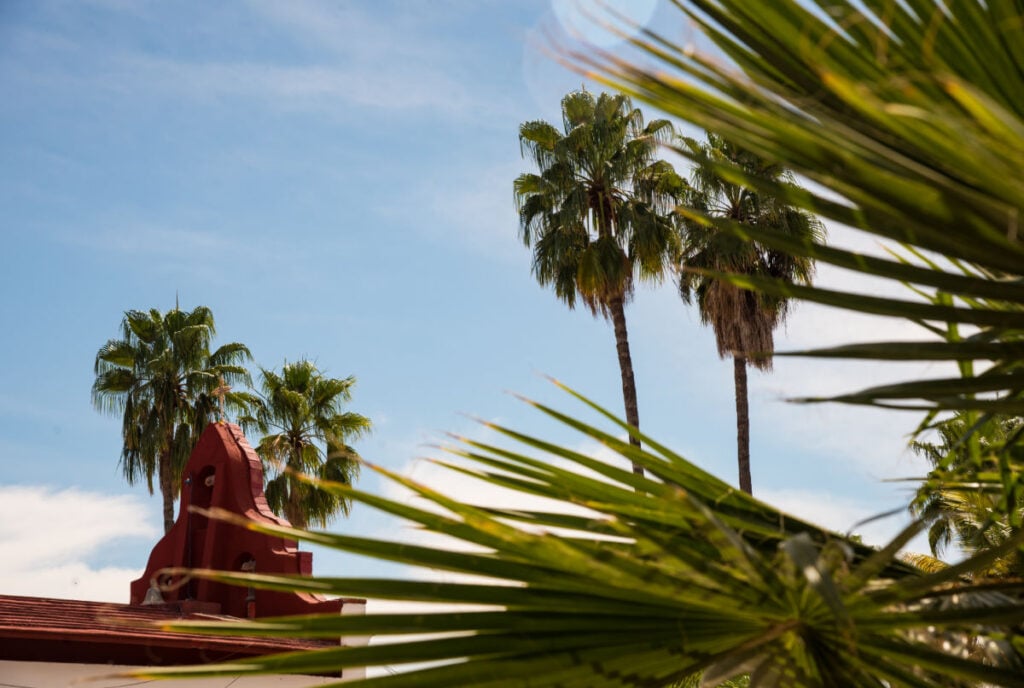 View from the backside of the Miraflores Mexican town church seen from behind a palm