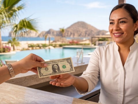Someone handing a 1 dollar bill to bartender in Los Cabos