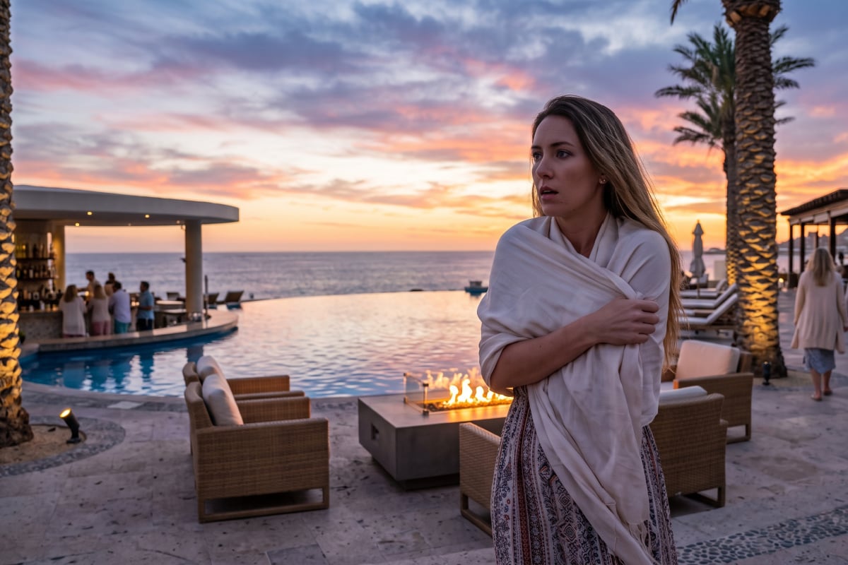 Woman in Los Cabos with shawl because she is cold at night