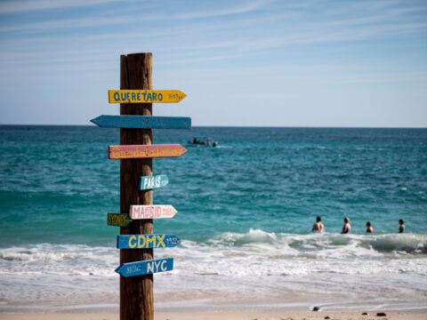 A variety of mostly tongue-in-cheek directional signs next to the beach at Cabo Pulmo, a protected National Marine Park recognized as a World Heritage Site by UNESCO.